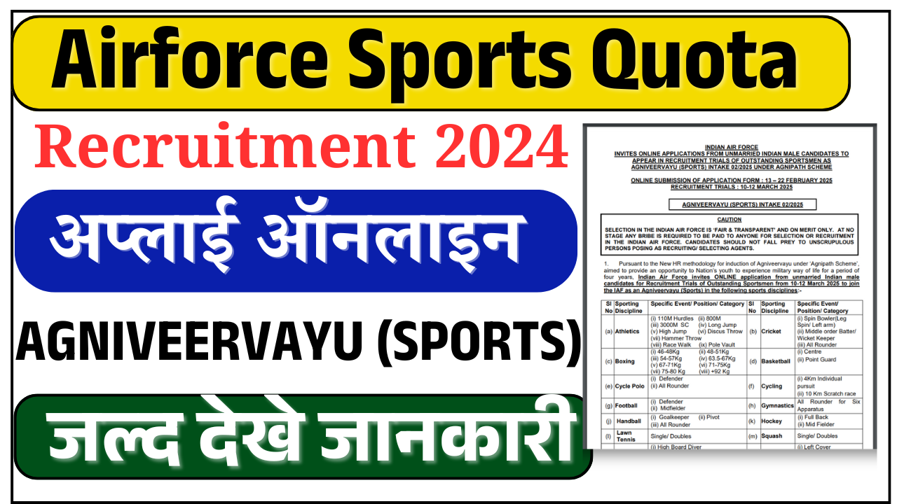 Airforce Sports Quota Recruitment 2025:एयरफोर्स अग्निवीर बहाली ऑनलाइन आवेदन जल्दी करे