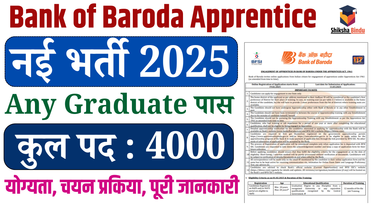 Bank of Baroda Apprentice Vacancy 2025: 4000 पदों पर भर्ती, ऑनलाइन आवेदन, योग्यता और पूरी जानकारी 