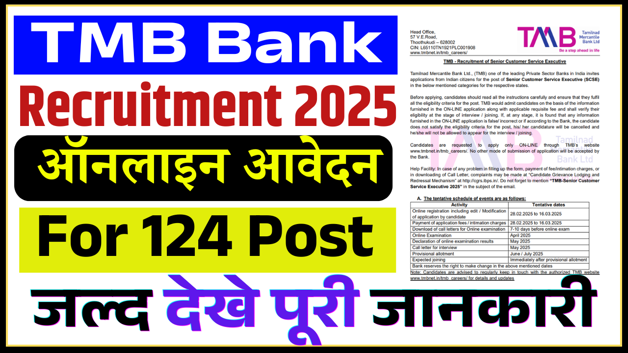TMB Bank Recruitment 2025: 124 पदों पर भर्ती, ऑनलाइन आवेदन, योग्यता और पूरी जानकारी 
