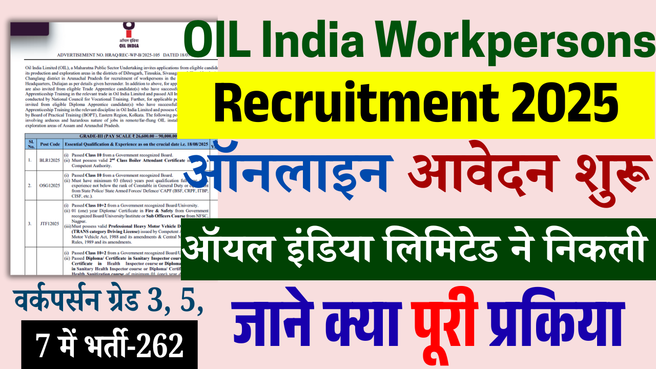 OIL India Workpersons Recruitment 2025-इंडियन ऑयल लिमिटेड भर्ती – ग्रेड 3, 5 और 7 वर्कपर्सन पदों पर आवेदन शुरू