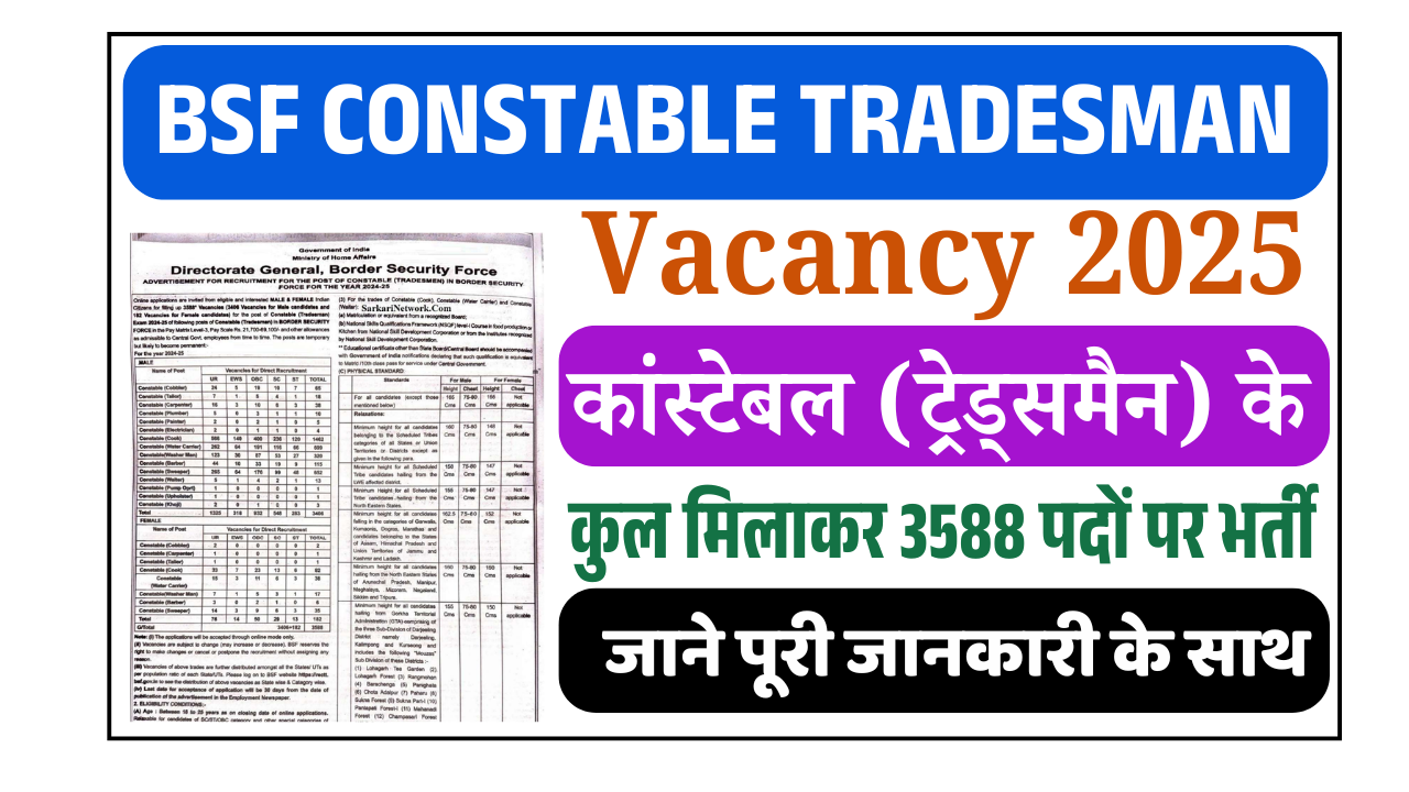 BSF Constable Tradesman Vacancy 2025: कांस्टेबल ट्रेड्समैन के 3588 पदों पर बंपर भर्ती, ऐसे करें ऑनलाइन आवेदन
