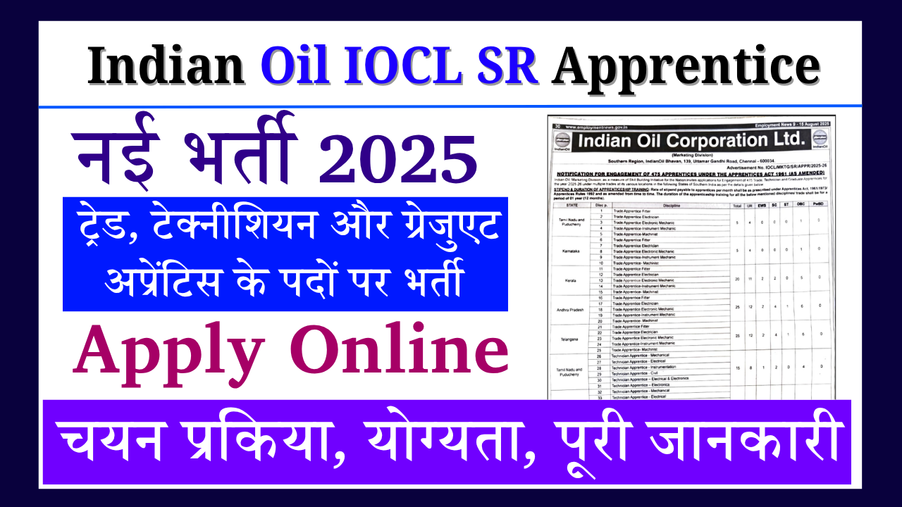 Indian Oil IOCL SR Apprentice Recruitment 2025:475 पदों पर निकली अप्रेंटिस भर्ती, आवेदन 8 अगस्त से शुरू