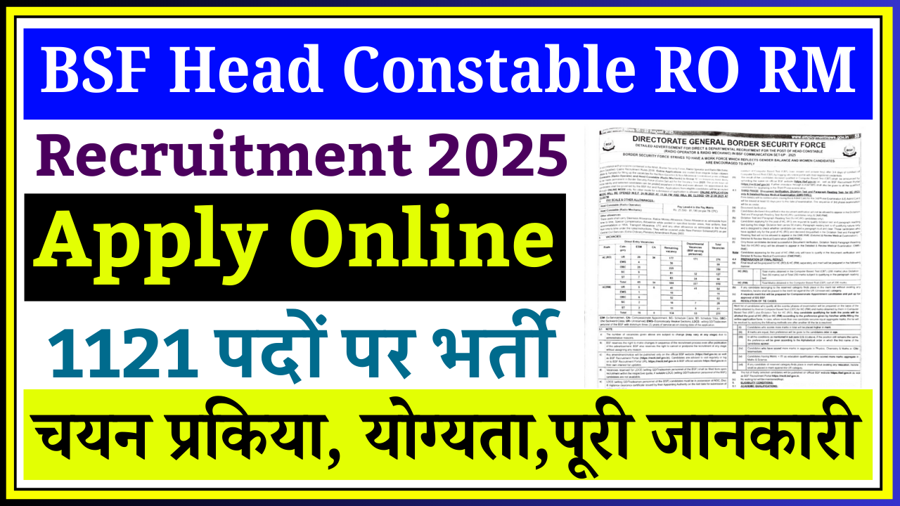 BSF Head Constable RO RM Vacancy 2025: 1121 पदों पर भर्ती, 12वीं पास के लिए सुनहरा मौका