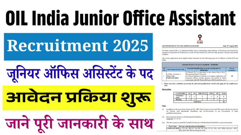 OIL India Junior Office Assistant Vacancy 2025: 12वीं पास युवाओं के लिए ऑयल इंडिया में ऑफिस असिस्टेंट की भर्ती, जल्द देखे