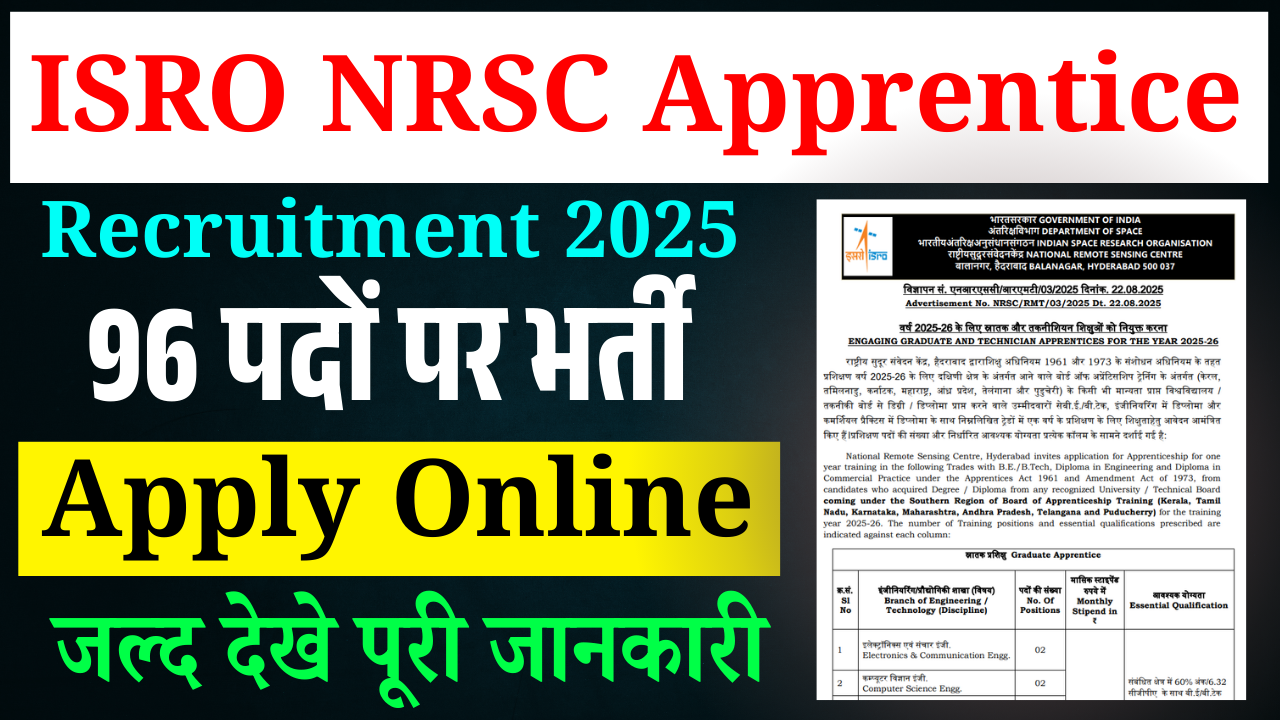 ISRO NRSC Apprentice Recruitment 2025: बिना परीक्षा 96 पदों पर अप्रेंटिस भर्ती, ऐसे करें ऑनलाइन आवेदन
