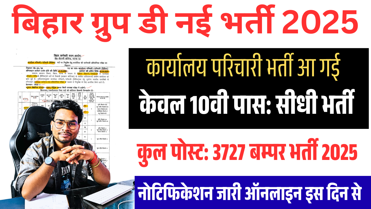 Bihar SSC Group D Vacancy 2025: BSCC Office Attendant 10वीं पास सुनहरा अवसर, 3727 पदों पर निकली भर्त, ऑनलाइन अप्लाई