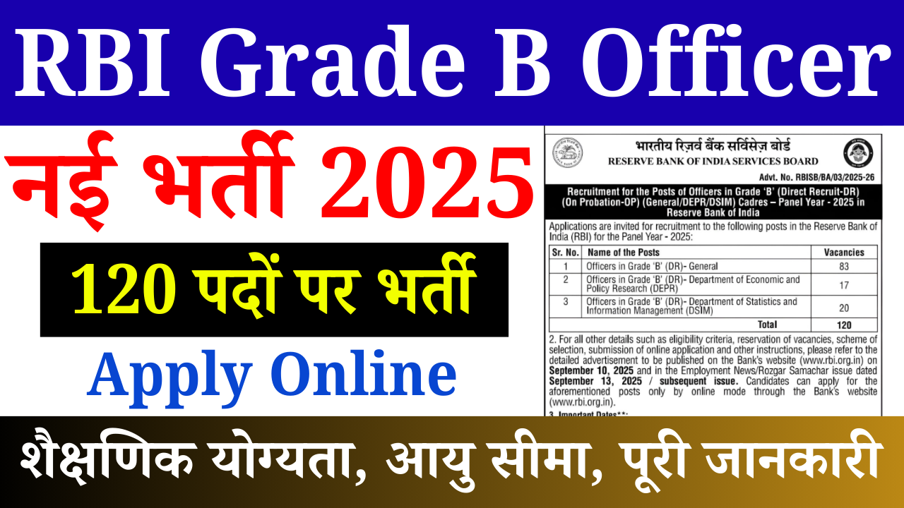RBI Grade B Officer Recruitment 2025: आरबीआई में 120 ऑफिसर ग्रेड बी पदों पर भर्ती, ऐसे करें ऑनलाइन आवेदन