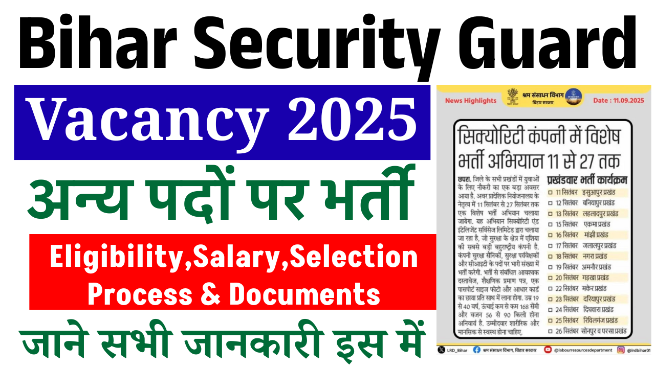 Bihar Security Guard Vacancy 2025: सिक्योरिटी गार्ड, सुपरवाइजर एवं अन्य पदों पर बंपर भर्ती