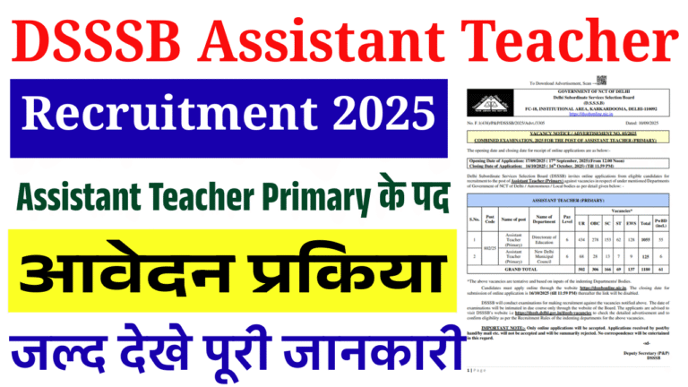 DSSSB Assistant Teacher Recruitment 2025: असिस्टेंट टीचर प्राइमरी के 1180 पदों पर निकली भर्ती, ऐसे करें ऑनलाइन आवेदन