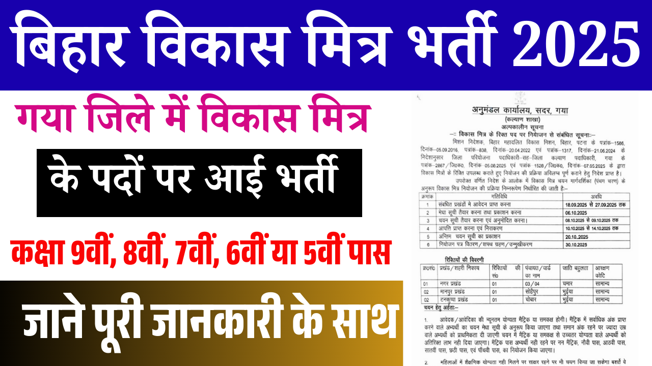 Bihar Vikash Mitra Vacancy 2025 Gaya: बिहार में विकास मित्र के पदों पर भर्ती, मैट्रिक/नन-मैट्रिक जल्दी करे आवेदन