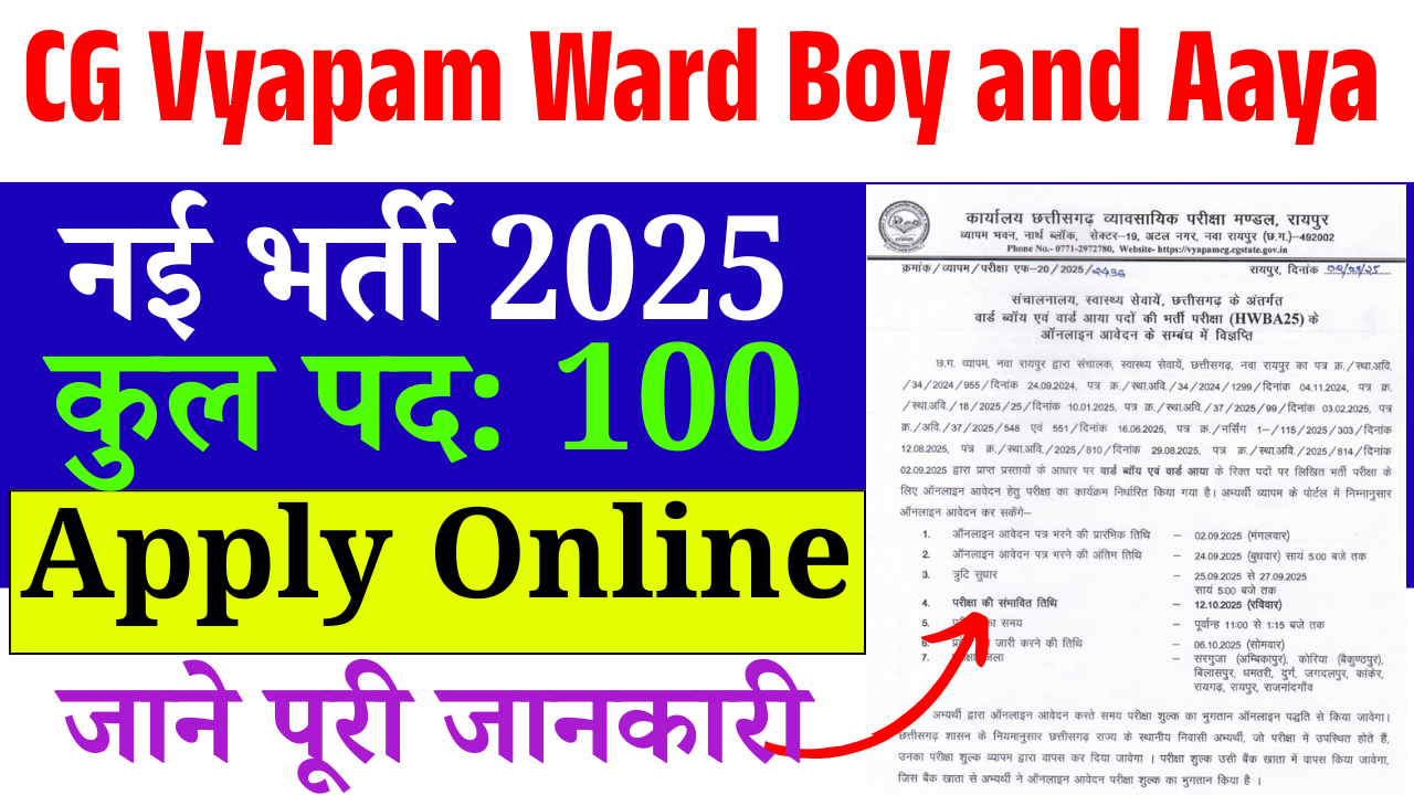 CG Vyapam Ward Boy and Aaya Vacancy 2025: 8वीं पास युवाओं के लिए सुनहरा मौका, ऐसे करें आवेदन