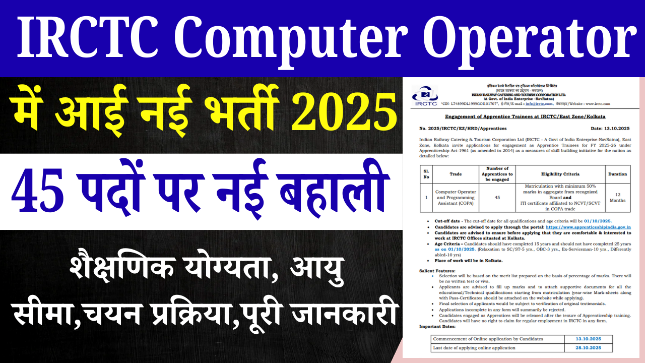 IRCTC Computer Operator Recruitment 2025: IRCTC में कंप्यूटर ऑपरेटर के नई भर्ती, 10वीं पास करें ऑनलाइन आवेदन
