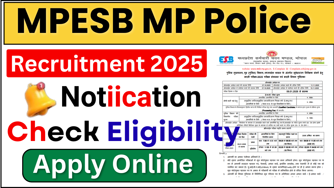 MPESB MP Police Vacancy 2025: 500 पदों के लिए ऑनलाइन आवेदन करें, पात्रता, वेतन और आवेदन विवरण देखें