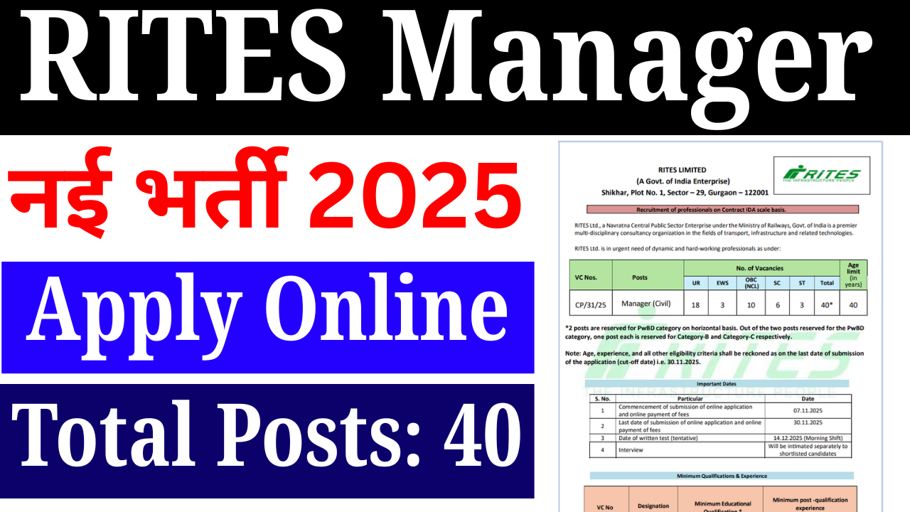 RITES Manager Recruitment 2025: RITES लिमिटेड में मैनेजर के 40 पदों पर भर्ती – जानें योग्यता, सैलरी और आवेदन प्रक्रिया