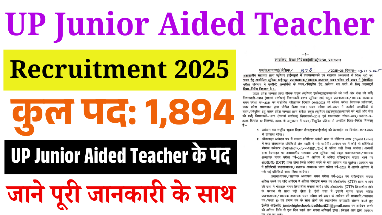UP Junior Aided Teacher Vacancy 2025: 1,894 पदों पर निकली नई भर्ती, देखें योग्यता, वेतन, चयन प्रक्रिया और आवेदन की पूरी जानकारी