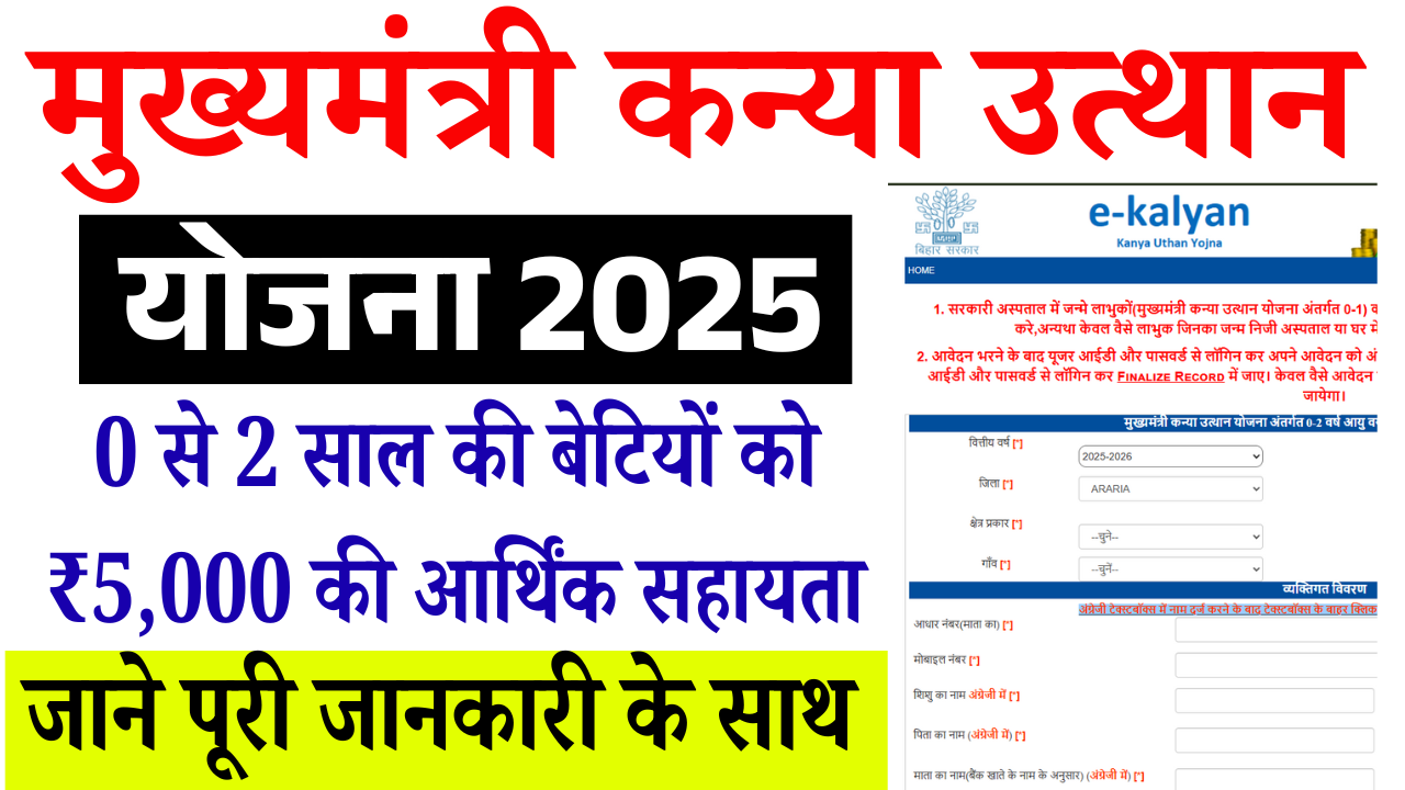 Mukhyamantri Kanya Utthan Yojana 2025 Apply Online: 0 से 2 साल की बेटियों को ₹5,000 की आर्थिक सहायता – अभी करें आवेदन