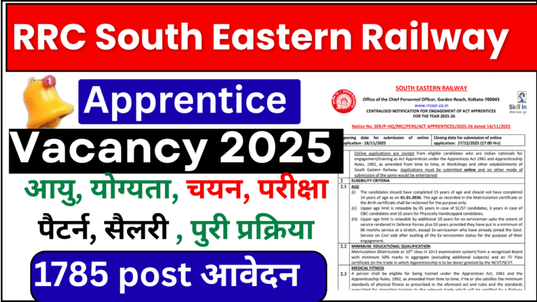 RRC South Eastern Railway Apprentice Vacancy 2025: 10वीं पास के लिए 1,785 पदों पर बिना परीक्षा बंपर भर्ती, ऐसे करें ऑनलाइन आवेदन