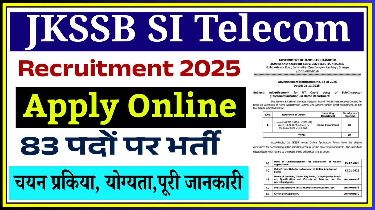 JKSSB SI Telecom Recruitment 2025: 83 पदों पर नई भर्ती, योग्यता, फीस, आखिरी तारीख, ऐसे करें ऑनलाइन आवेदन