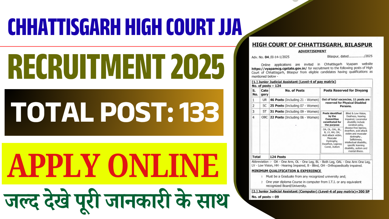 Chhattisgarh High Court JJA Vacancy 2025: Apply Online for Junior Judicial Assistant Posts | Notification PDF, Eligibility