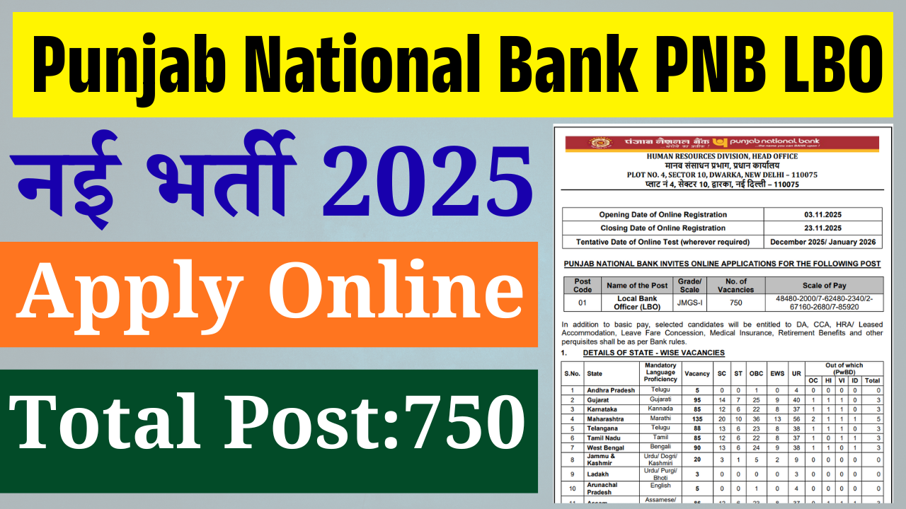 Punjab National Bank PNB LBO Recruitment 2025: 750 पदों पर नई भर्ती शुरू, जानें योग्यता, सैलरी, आयु सीमा और आवेदन प्रक्रिया
