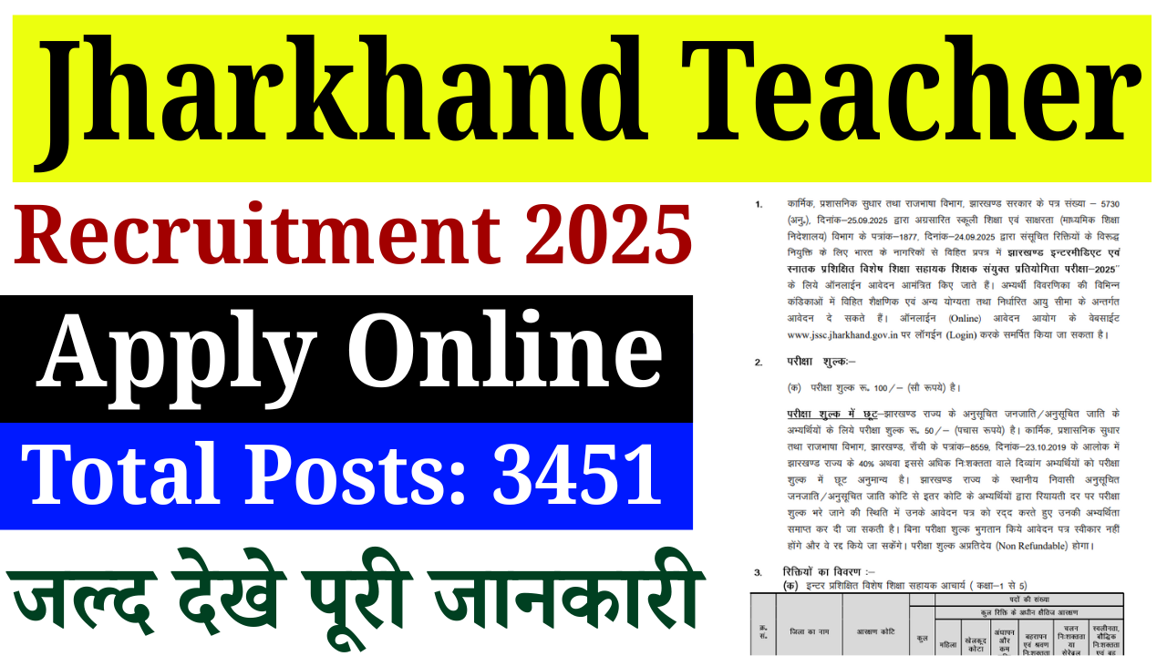 Jharkhand Teacher Vacancy 2025: 3451 पदों पर नई शिक्षक भर्ती, ऑनलाइन आवेदन शुरू – पूरी जानकारी