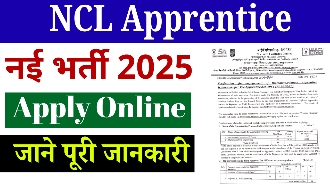 NCL Apprentice Vacancy 2025: अप्रैंटिस के 94 पदों पर भर्ती, ₹10,900–₹12,300 स्टीपेंड – ऑनलाइन आवेदन शुरू