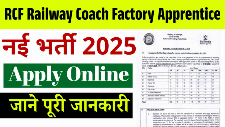 RCF Railway Coach Factory Apprentice Recruitment 2025: 10वीं/12वीं पास के लिए भर्ती, जाने पूरी जानकारी RCF Railway Coach Factory Apprentice Recruitment 2025: 10वीं/12वीं पास के लिए भर्ती, जाने पूरी जानकारी