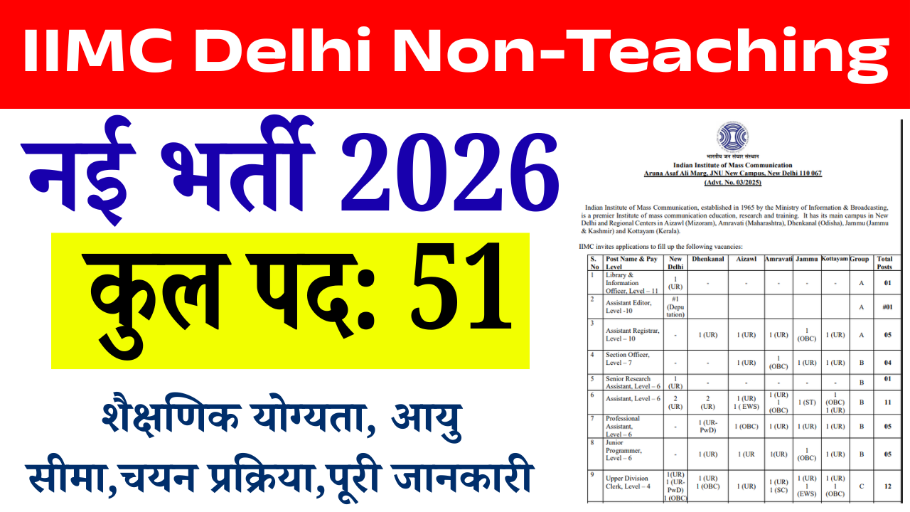 IIMC Delhi Non-Teaching Recruitment 2026: Apply Online 51 पदों पर भर्ती, योग्यता, फीस, सैलरी, चयन प्रक्रिया Full Details