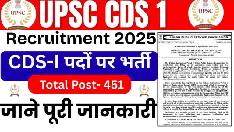 UPSC CDS 1 Recruitment 2026- 451 Posts Apply Date, Age Limit, Syllabus & Exam Pattern