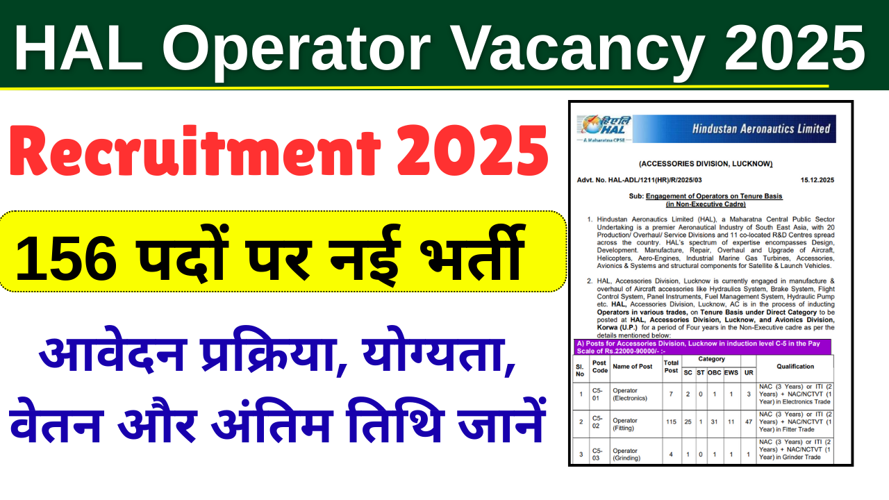 HAL Operator Vacancy 2025: 156 Posts Apply Online Notification, Eligibility, Salary & Last Date full details