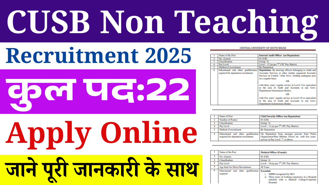 CUSB Non Teaching Recruitment 2025: Group A, B, C के 22 पदों पर ऑनलाइन आवेदन शुरू, जानें पात्रता, सैलरी और आवेदन प्रक्रिया