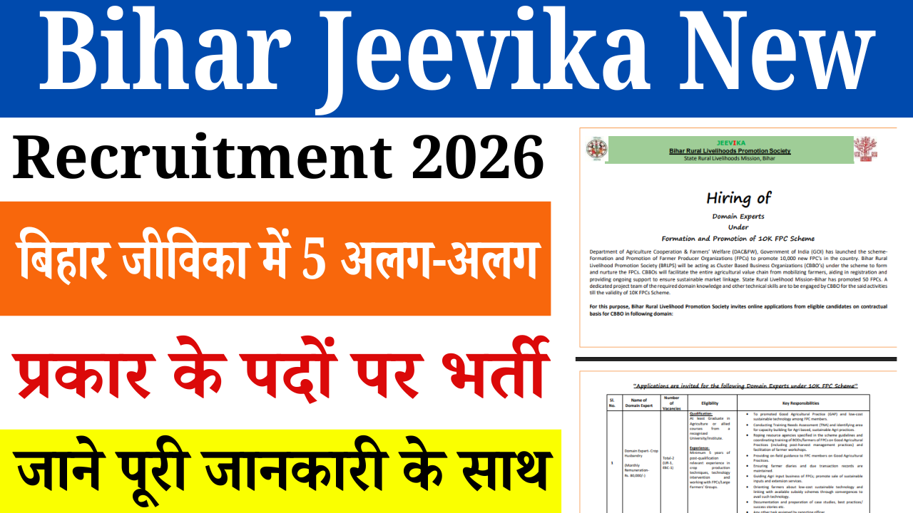 Bihar Jeevika New Vacancy 2026: 5 अलग-अलग पदों पर भर्ती – ऑनलाइन आवेदन शुरू, जल्दी करें