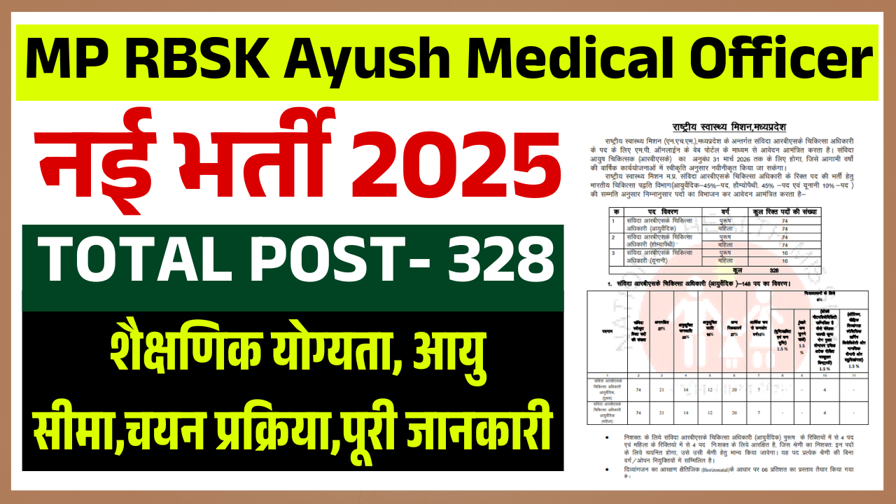 MP RBSK Ayush Medical Officer Recruitment 2025: 328 पदों पर भर्ती, योग्यता, वेतन, चयन प्रक्रिया और आवेदन प्रक्रिया