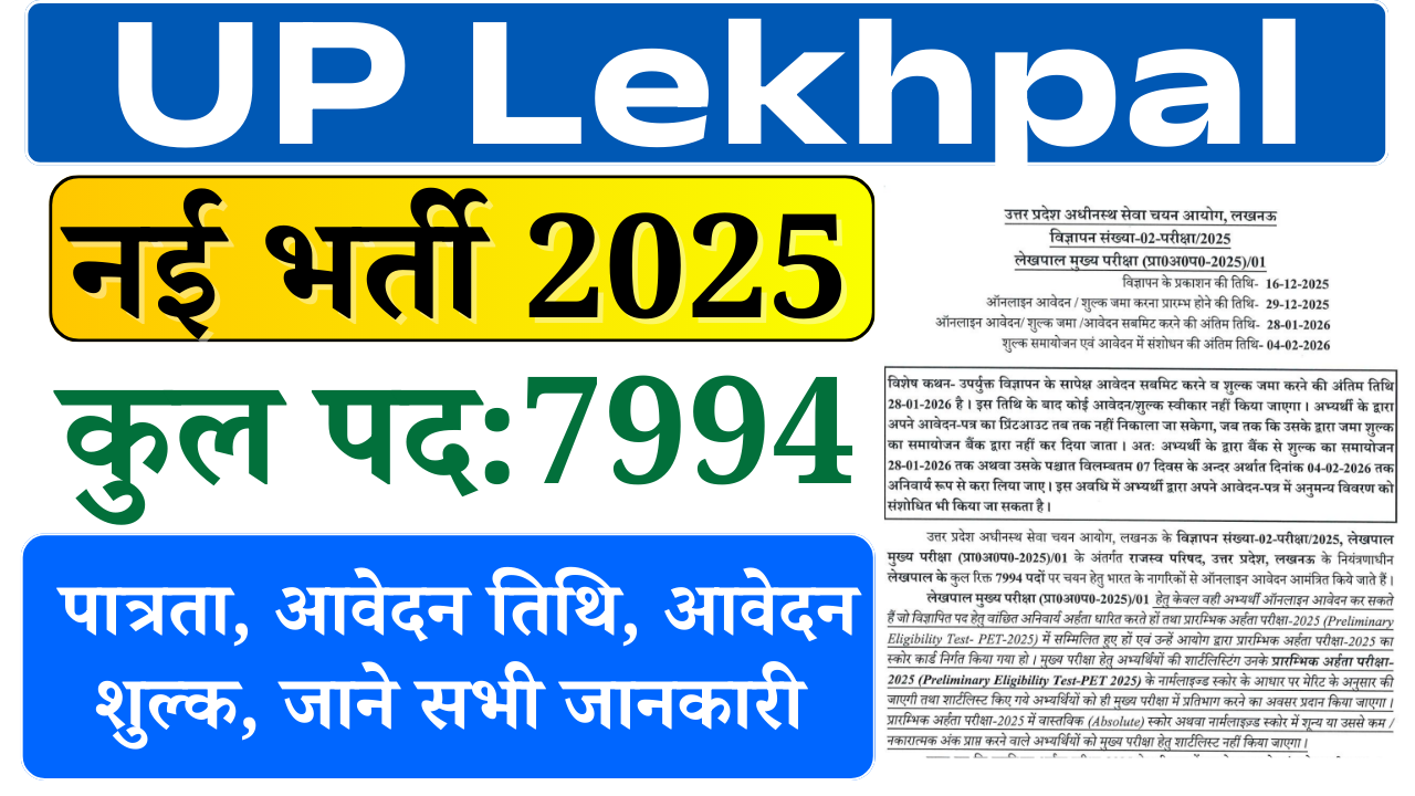 UP Lekhpal Recruitment 2026: 7994 लेखपाल पदों पर बंपर भर्ती, ऑनलाइन आवेदन शुरू
