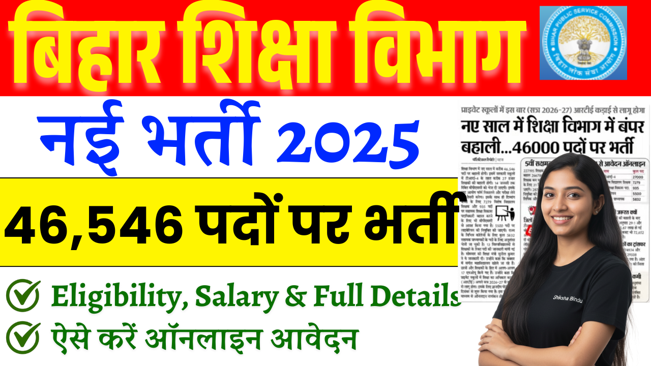 Bihar Education Department Vacancy 2026: बिहार शिक्षा विभाग में 46,546 पदों पर भर्ती — लाइब्रेरियन, सहायक प्राध्यापक व अन्य पद