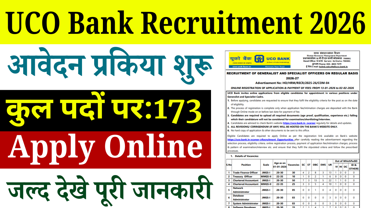 UCO Bank Recruitment 2026: 173 Vacancies for Generalist & Specialist – Notification, Eligibility & Apply Online