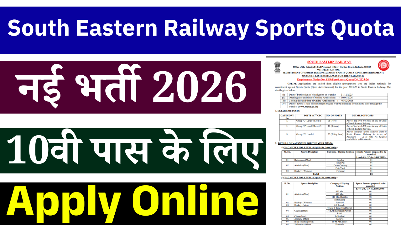 South Eastern Railway Sports Quota Recruitment 2026: 54 पदों पर स्पोर्ट्स कोटा भर्ती, ऑनलाइन आवेदन शुरू