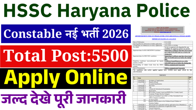 HSSC Haryana Police Constable Recruitment 2026: 5500 पदों पर बंपर भर्ती, ऑनलाइन आवेदन, योग्यता व अंतिम तिथि