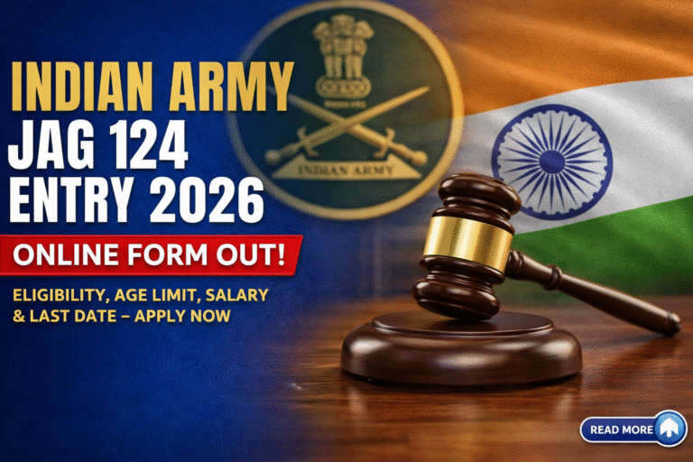 Indian Army JAG 124 Entry 2026: ऑनलाइन फॉर्म शुरू, योग्यता, आयु सीमा, सैलरी और आवेदन प्रक्रिया जल्द देखे Indian Army JAG 124 Entry 2026: ऑनलाइन फॉर्म शुरू, योग्यता, आयु सीमा, सैलरी और आवेदन प्रक्रिया जल्द देखे