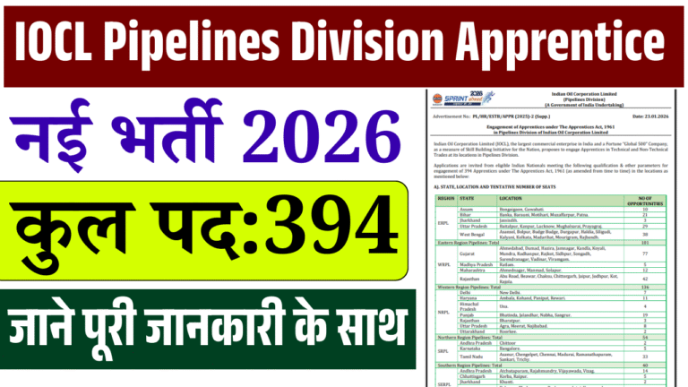 IOCL Pipelines Division Apprentice Recruitment 2026: 394 पदों पर अप्रेंटिस भर्ती, नोटिफिकेशन जारी, 10 फरवरी तक करें आवेदन
