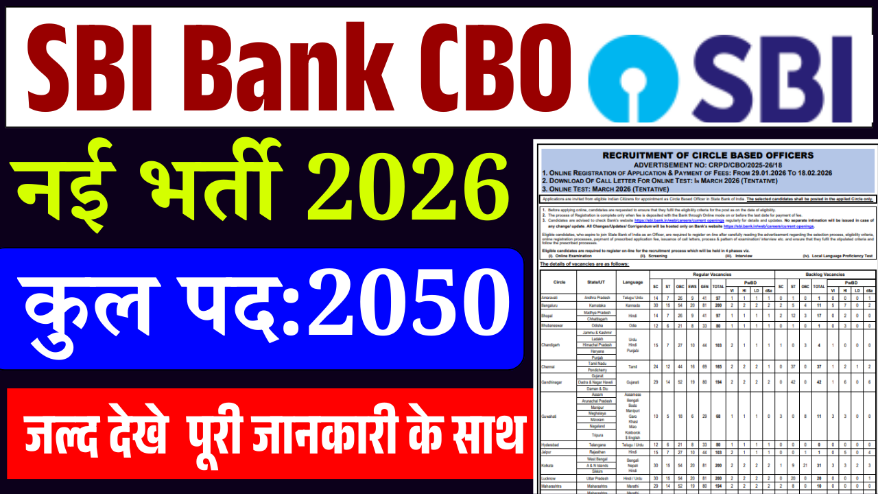SBI Bank CBO Recruitment 2026: 2050 पदों पर बंपर भर्ती, Apply Online शुरू