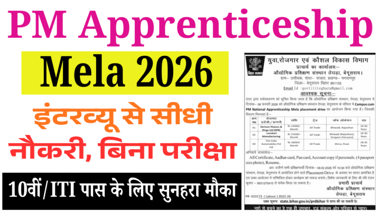 PM Apprenticeship Mela 2026: इंटरव्यू से सीधी नौकरी, बिना परीक्षा – बिहार में बड़ा जॉब मेला 10वीं/ITI पास के लिए सुनहरा मौका