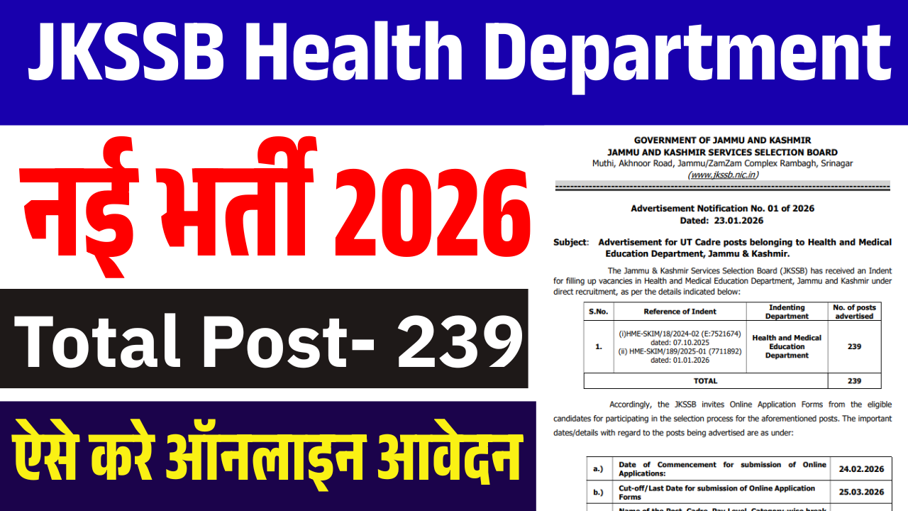 JKSSB Health Department Recruitment 2026: 239 पदों पर भर्ती का नोटिफिकेशन जारी, जानें योग्यता, आवेदन प्रक्रिया और चयन प्रक्रिया
