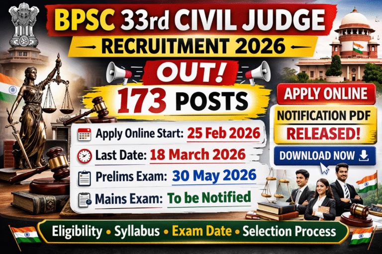 BPSC 33rd Civil Judge Recruitment 2026: 173 पदों पर निकली भर्ती, ऐसे करें ऑनलाइन आवेदन | Eligibility, Age Limit, Exam Date, Full Details