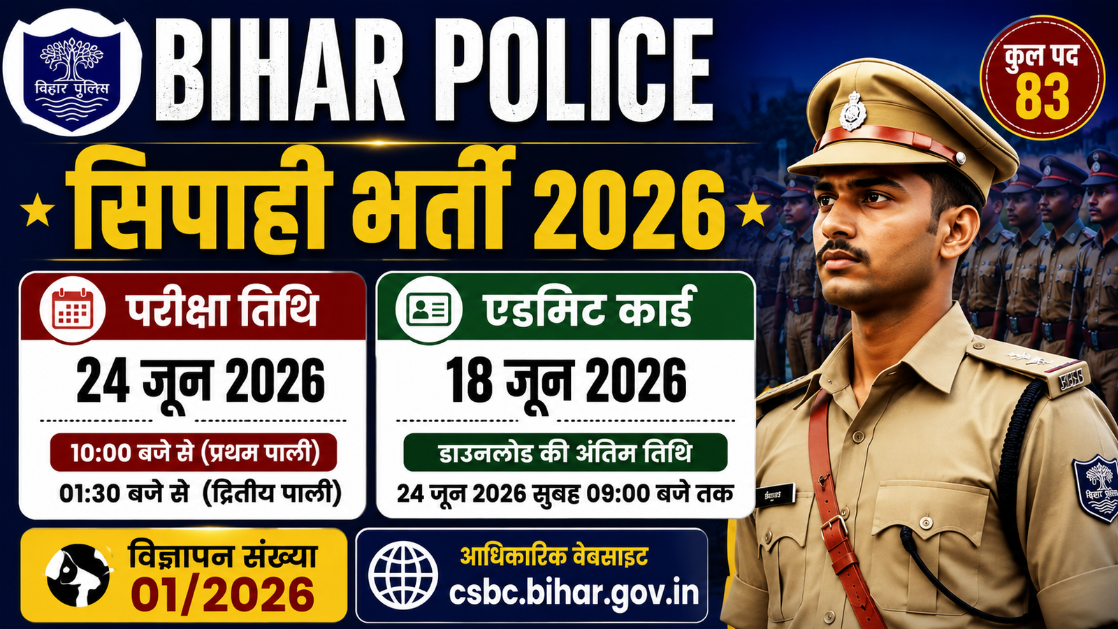 Bihar Police Special Branch Vacancy 2026 (Exam Date OUT): Download Admit Card For 83 Posts, Advt (01/2026)