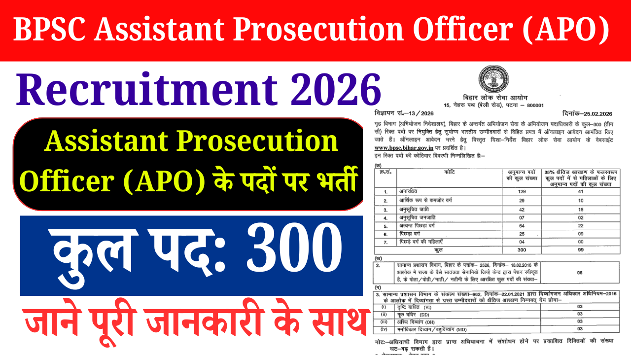 BPSC Assistant Prosecution Officer (APO) Recruitment 2026: 300 पदों पर बंपर भर्ती, ऐसे करें आवेदन | योग्यता और चयन प्रक्रिया पूरी जानकारी