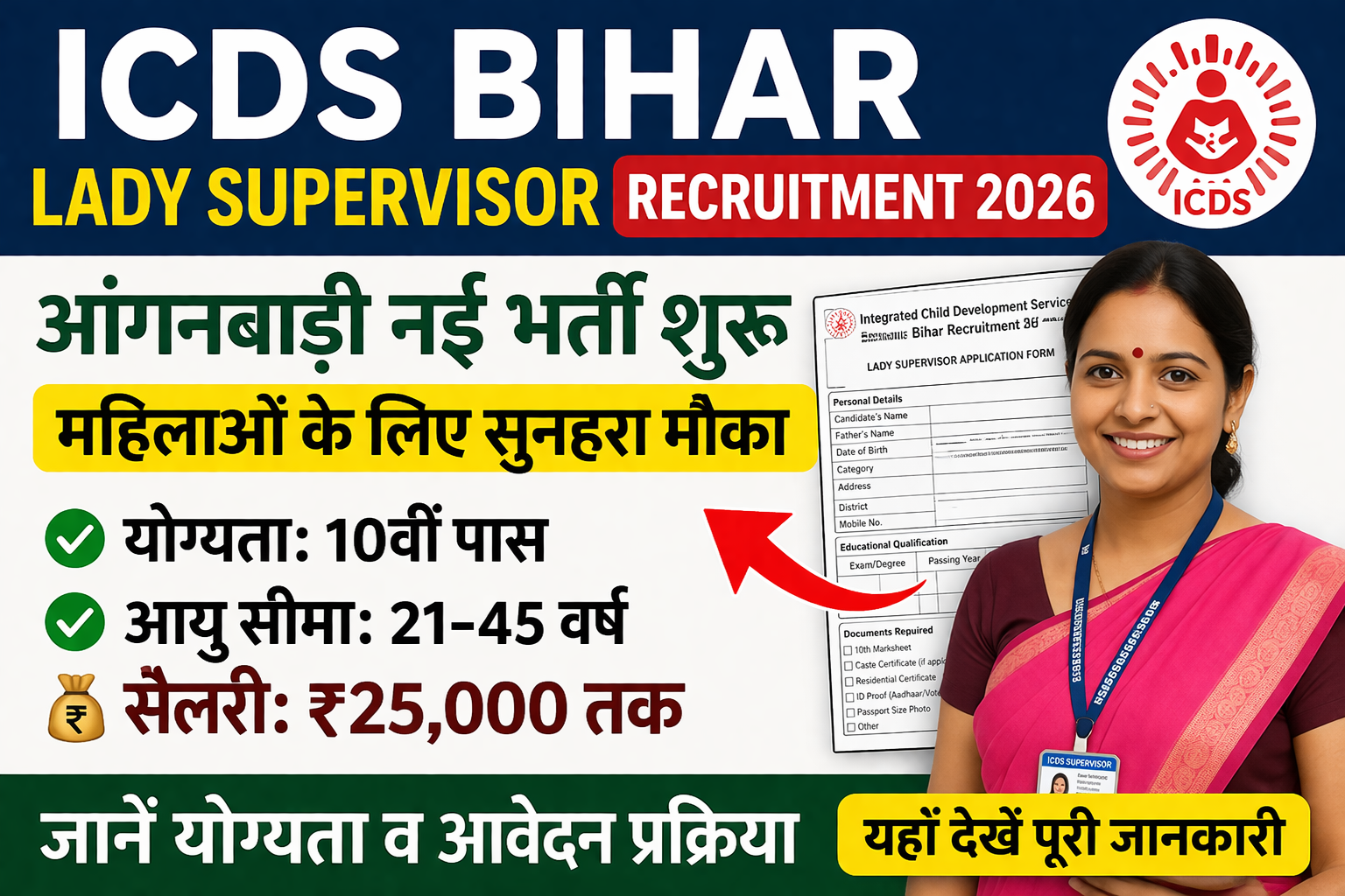 ICDS Bihar Lady Supervisor Recruitment 2026: आंगनबाड़ी नई भर्ती शुरू, जानें योग्यता व आवेदन प्रक्रिया