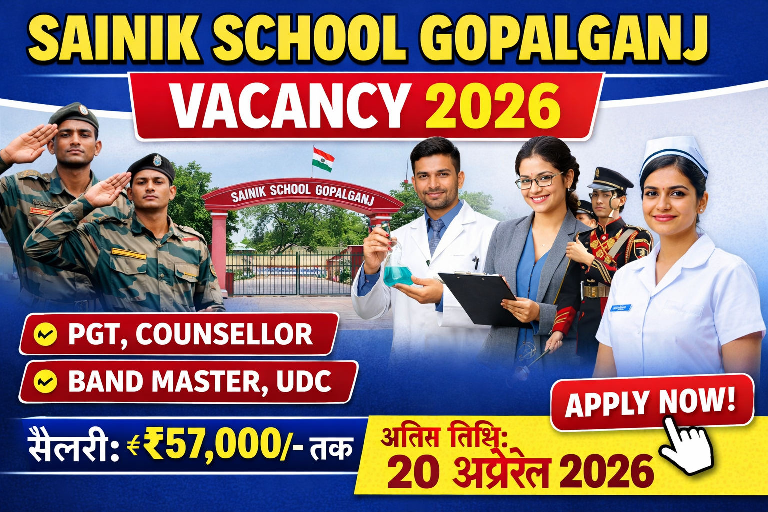 Sainik School Gopalganj Vacancy 2026: PGT, Counsellor, Band Master, UDC सहित कई पदों पर भर्ती जल्द देखे