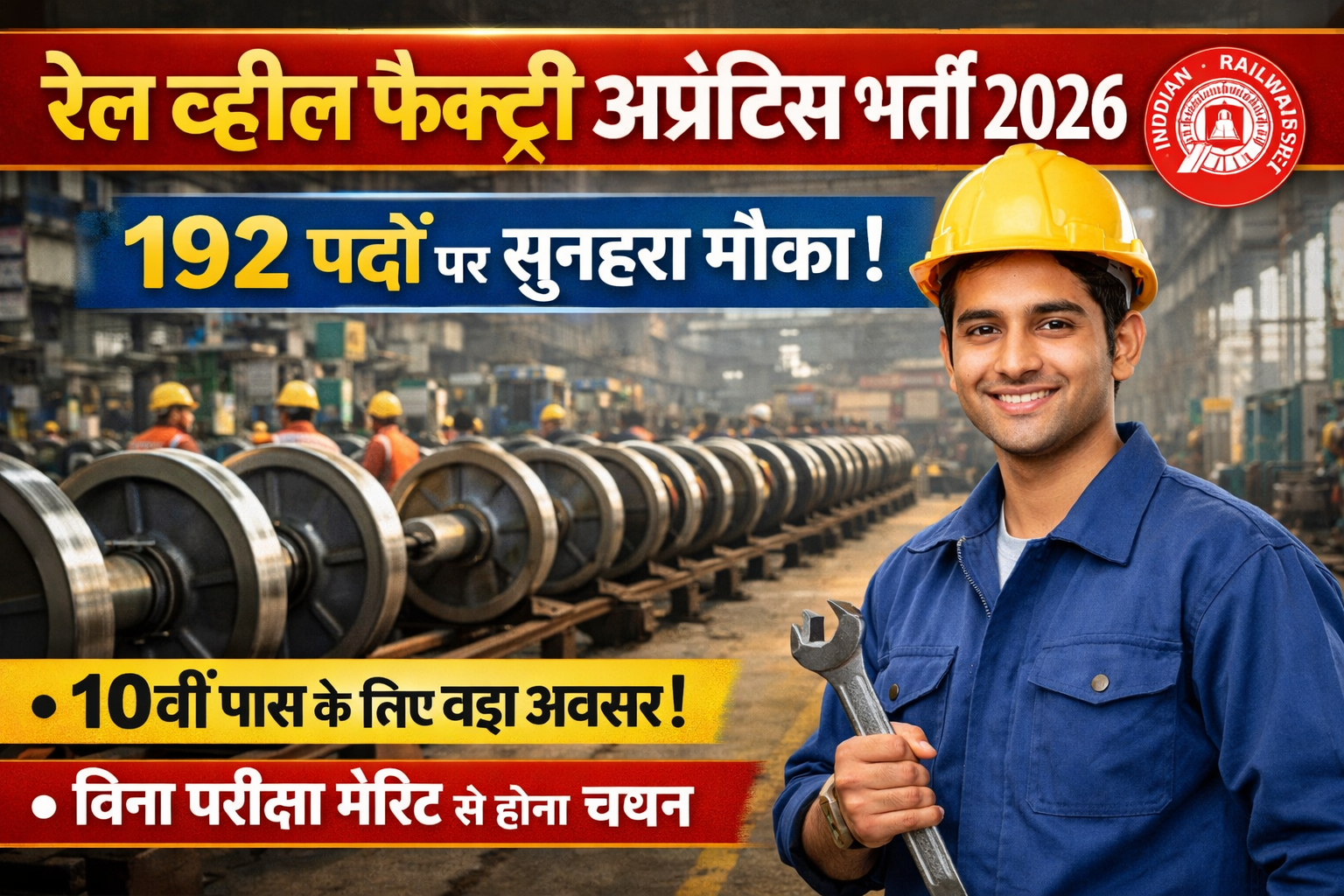 Rail Wheel Factory Apprentice Recruitment 2026: 192 पदों पर 10वीं पास के लिए सुनहरा मौका, बिना परीक्षा मेरिट से होगा चयन
