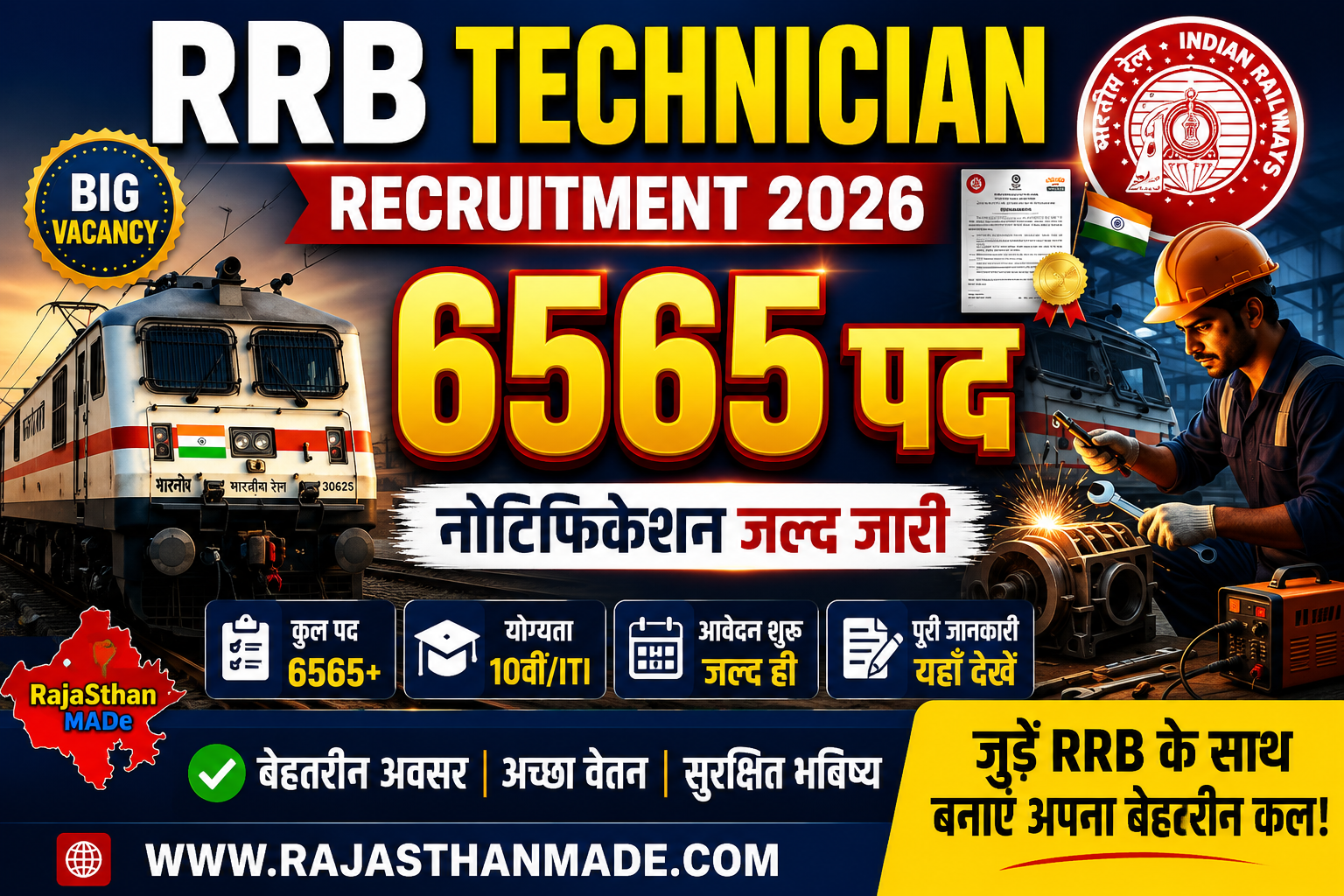 Railway RRB Technician Recruitment 2026 : 6565 पदों पर भर्ती, ऑनलाइन आवेदन शुरू जल्द